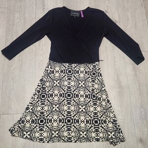 Leota Black Wrap-Style Top with Black & Cream Printed Skirt
